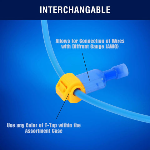 Close-up of a blue and yellow T-Tap connector from the 360 Piece T Tap Wire Connectors Kit For AWG 22 To 10 Color Coded Quick Splice Terminals Self Stripping Tap Disconnects Kit For Wiring Projects That Rock For Vehicle Installations.