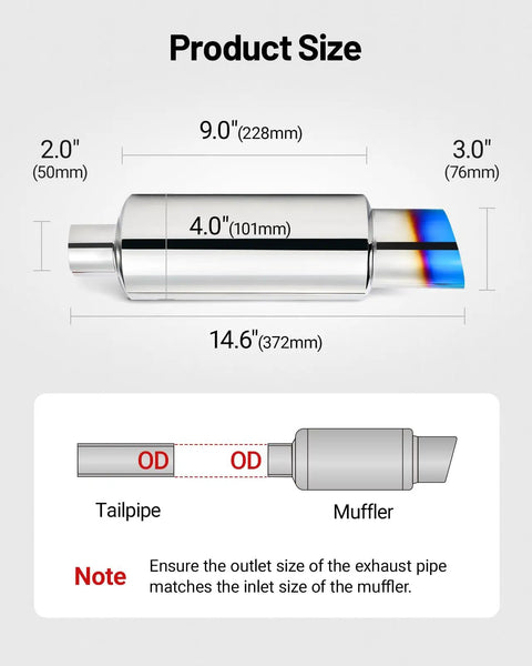 Deep Tone Exhaust Muffler With 2 Inch Inlet And 3 Inch Outlet Stainless Steel Universal Fit product size illustration