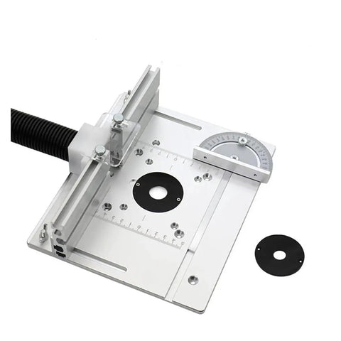 Heavy Duty Aluminum Router Table Insert Plate With Precision Center Bushing Flip Top Mount showing adjustable clamps and guide.