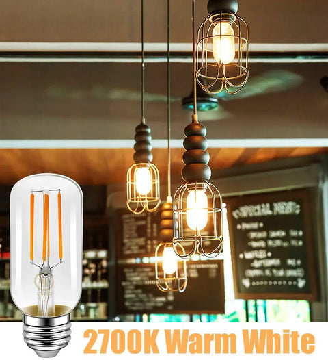 Dimmable Vintage Edison Style LED Tubular Bulbs, E26 Medium Base displayed in cafe lights 2700K Warm White