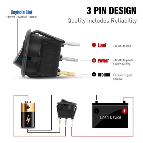 Round LED Toggle Switch 12V Car Truck Rocker On Off Control With 2 Pole SPST Design, 20A DC Circuit, wiring diagram visible