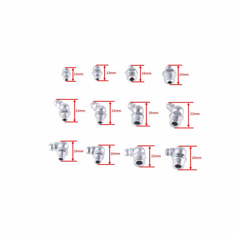 Grease Fittings Kit 400 Piece SAE And Metric Nipple Set with various sized angled zerks displayed against a white background.