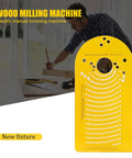 Top Shelf Circle Cutting Jig For Plunge Routers Featuring Dead Nuts Accurate Alignment Across 256 Settings Perfect To Nail Speaker Cutouts Or Custom Woodwork Projects Smooth As Silk Assembly With Precision Pivot Holes In Bright Yellow on a woodworking bench.