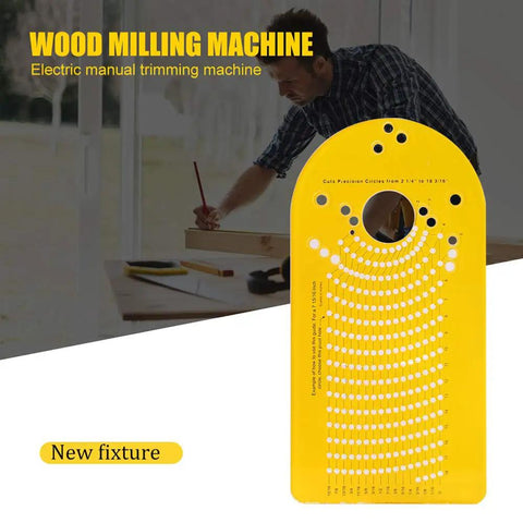 Top Shelf Circle Cutting Jig For Plunge Routers Featuring Dead Nuts Accurate Alignment Across 256 Settings Perfect To Nail Speaker Cutouts Or Custom Woodwork Projects Smooth As Silk Assembly With Precision Pivot Holes In Bright Yellow on a woodworking bench.
