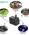 Illustration of Ultra Quiet Submersible Pump 300GPH with Overheat Protection for fountains, ponds, rockery, aquariums, hydroponics.