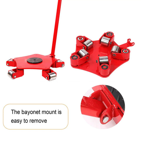 Industrial Heavy Duty Furniture Movers With Reinforced Steel Base And Dual Switchable Casters For Smooth 360 Degree Swivel Rolling, red frame with removable bayonet mount.