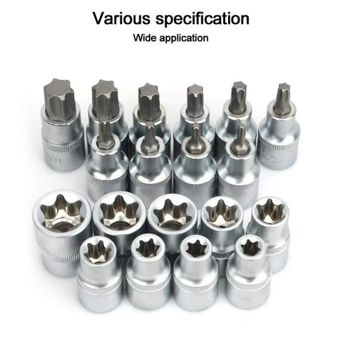 19 Piece 1/2 Inch Drive Star And Hex Socket Bit Kit With E Type Male And Female Wrenches, Heavy Duty Steel Auto Repair Tool Set