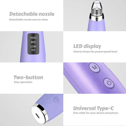 Close-up of purple Face Pore Vacuum Blackhead Remover With 3 Suction Levels and controls, LED display, USB-C port.