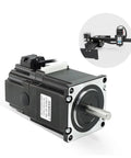 Angled front view of NEMA23 4-lead stepper motor with permanent magnet brake; black housing, silver flange, shaft