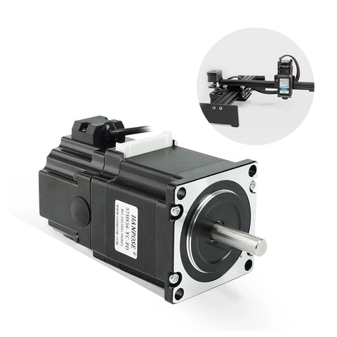 Nema23 four-lead stepper motor with permanent magnet brake, black housing, front face, protruding shaft