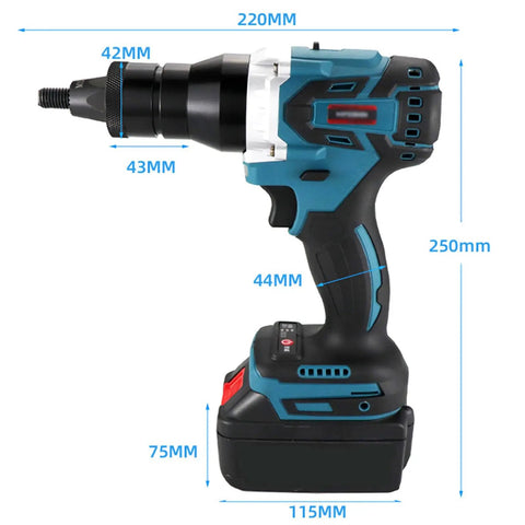 Smooth Riding Heavy Duty Cordless Electric Rivet Nut Gun With 5.2ah Battery Pack And Built In Light with dimensions shown.
