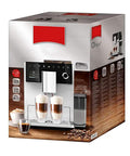 Top Shelf Bean To Cup Coffee Machine No Sweat Slick Operation 15 Bar Pressure Pulls Rich Creamy Shots On Demand 1400 Watt Heavy Duty Motor 1.8 Liter Tank Sleek Black Finish boxed on wood surface.