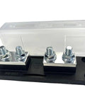 Class T Fuse Block 225A to 400A Plug and Play Setup for RV Marine and Solar Builds, silver metal connectors, clear cover.