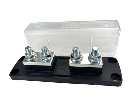 Class T Fuse Block 225A to 400A Plug and Play Setup for RV Marine and Solar Builds, silver metal connectors, clear cover.