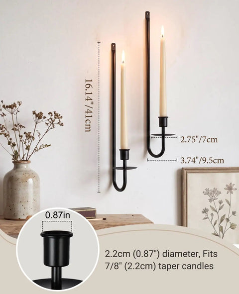 Built Tough Matte Black Farmhouse Wall Candle Sconce Holder Set of Two Heavy Duty Thick Iron Metal Wall Decor with Scratch Proof Finish for Warm Ambient Vibes, two candle sconces mounted on wall.