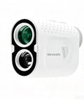 Golf Range Finder With Magnetic Mount Slope Compensation Flag Lock Vibration Measures In Yards Feet And Meters 1000 Yard Range USB C Rechargeable Battery And Top Notch Optics in white, showing lens detail.