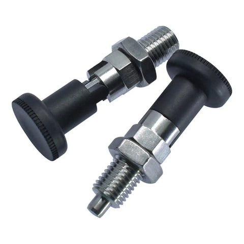 Lock Tight Self Locking Knob Plunger With Fine Thread Adjustment For Precision Positioning Rock Solid Steel Indexing Pin Bolt No Play Industrial Hardware M16, stainless steel and black knobs.