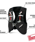 Pace Running Vest Hydration Pack With 2 UltraFlasks 8L Trail Backpack For Men And Women Red Medium Front And Rear Access No Bounce Comfort For Long Runs, showing front pockets and flasks.