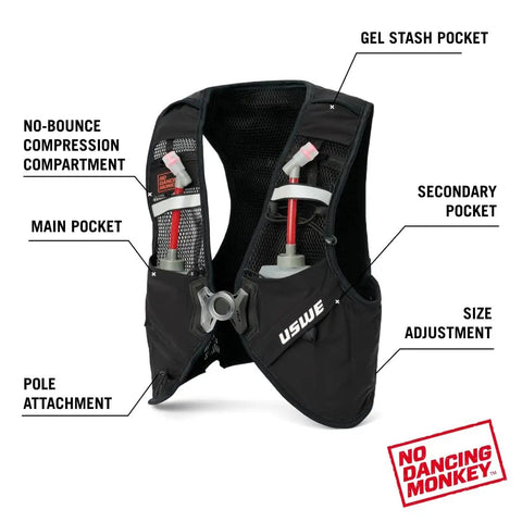 Pace Running Vest Hydration Pack With 2 UltraFlasks 8L Trail Backpack For Men And Women Red Medium Front And Rear Access No Bounce Comfort For Long Runs, showing front pockets and flasks.