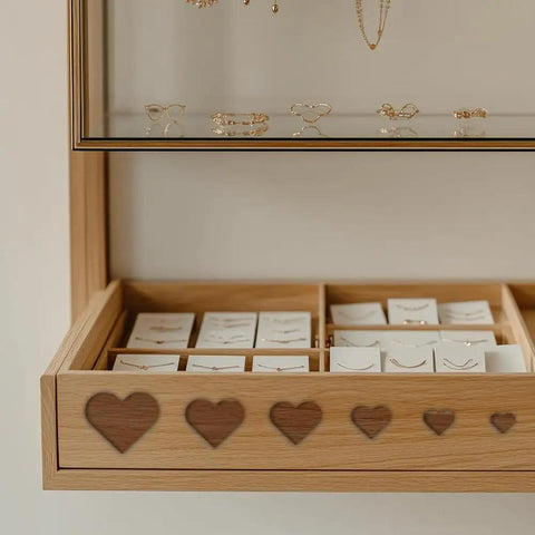 Heavy Duty Acrylic Heart Router Template For Practical Woodworking And Charcuterie Boards Features Twelve Cut Sizes Providing Flawless Trimming Lines That Make Custom Inlay Work No Sweat And Straight Fire jewelry display with heart-shaped cutouts and organized compartments