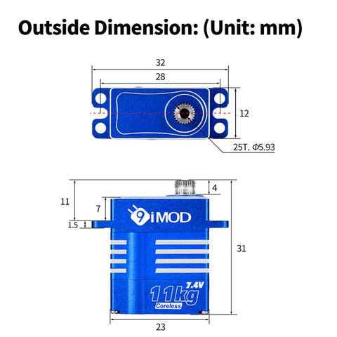 Dimensions of Beefy Waterproof 11Kg High Torque RC Car Steering Servo For 1/18 Crawlers with labeled measurements in mm.