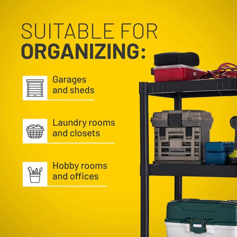 Tough As Nails Three Shelf Plastic Storage Rack With Heavy Duty Impact Resistant Frame And One Fifty Pound Load Capacity Perfect For Zero Hassle Garage Or Pantry Setup, showcasing organizing options for garages, laundry rooms, and offices.