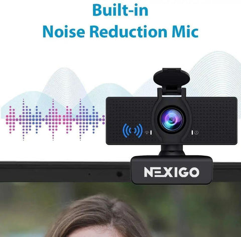 Hella Crisp 1080P USB Web Camera With Integrated Mic And Handy Privacy Flip showing noise reduction feature and lens.