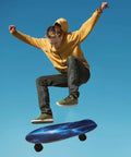 Skater performing a trick with Electric Blue Lightning Grip Tape For Skateboards And Longboards Dope Waterproof Tearproof Non Slip.