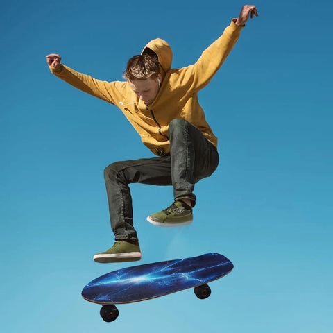 Skater performing a trick with Electric Blue Lightning Grip Tape For Skateboards And Longboards Dope Waterproof Tearproof Non Slip.