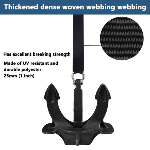 Close-up of marine-grade anchor with nylon strap, showcasing UV-resistant polyester material and hook attachment.