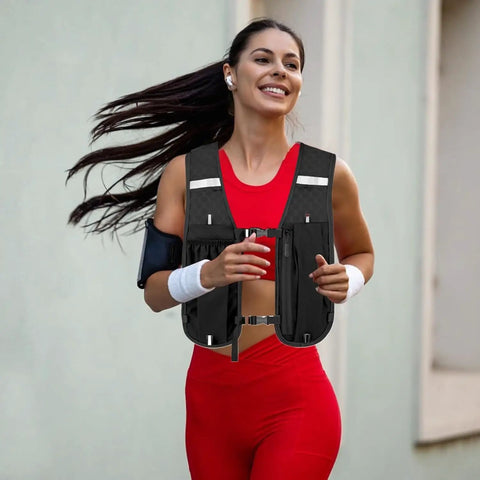 Smiling woman running wearing a Lightweight Running Vest Backpack With Water Bottle Holder And 3D Mesh Back for breathability.