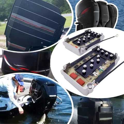 Close-up of two new replacement power pack switch boxes for outboard motors, beefy marine-grade build, easy install, fits 50-200 HP.