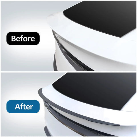 Sleek Rear Trunk Spoiler Tail Wing For Tesla Model Y Juniper 2025 2026 No Drill Install, before and after comparison.