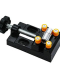 Front view of a Universal Mini Drill Press Vise Clamp for Jewelry and DIY Projects, black aluminum alloy, 0-2 in clamp range.