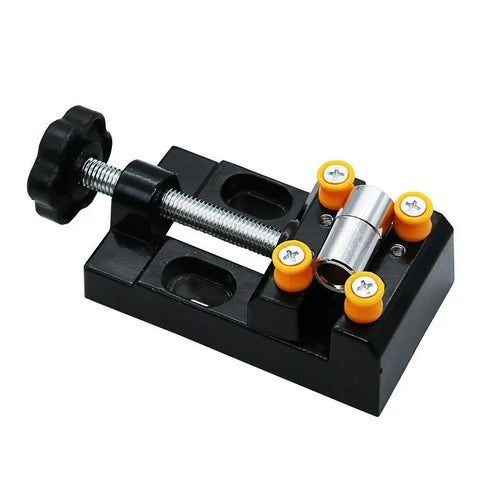Front view of a Universal Mini Drill Press Vise Clamp for Jewelry and DIY Projects, black aluminum alloy, 0-2 in clamp range.