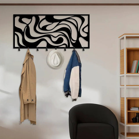 Sleek Abstract Wall Rack - Heavy Duty Modern Metal Hooks - Premium Key Holder And Coat Organizer - Smooth Home Storage Solution For Entryways - Crisp White Art Inspired Wall Decor - Real Deal Organization Game Changer For Daily Use with coats and hat.