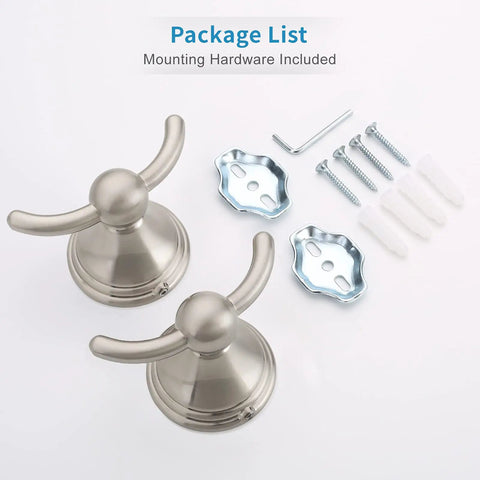 Package of Brushed Nickel Wall Mount Towel Hooks Set with included mounting hardware, featuring two traditional hooks for bathroom use.