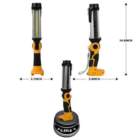 Lit 2000LM LED Work Light For Dewalt 20V Max Batteries shown at three angles with dimensions and weight
