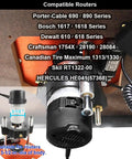 Smooth Operator Motorized Router Lift For 3 1/2 Inch Diameter Routers features compatible router models displayed on lift.