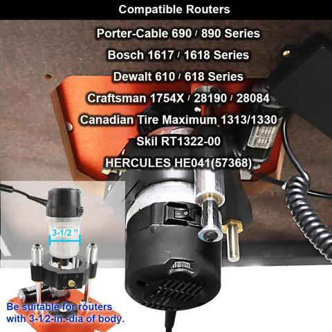 Smooth Operator Motorized Router Lift For 3 1/2 Inch Diameter Routers features compatible router models displayed on lift.