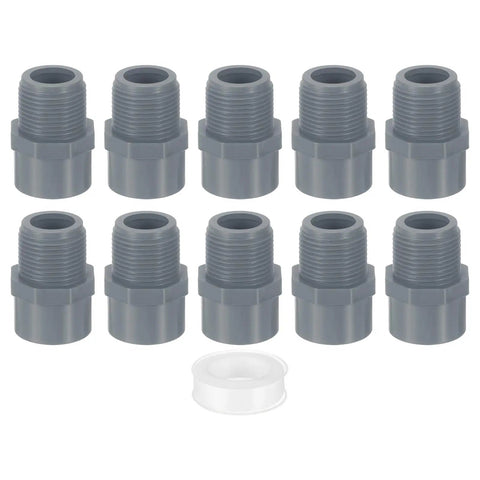 10 Pack PVC Male Adapter Pipe Fittings Three Quarter Inch 2 Way Socket To Male Thread Hose Connection Couplings With Sealant Tape