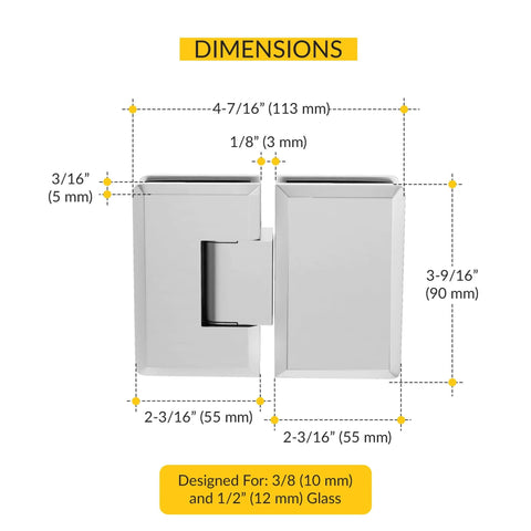 Dimensions of Adjustable Glass To Glass Shower Door Hinge With 180 Degree Swing Heavy Duty Solid Forged Brass Satin Finish