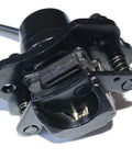 Close-up of rear hand hydraulic disc brake master cylinder caliper assembly with new brake pads for 50cc to 250cc ATVs