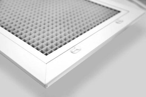 Close-up of Premium Aluminum Eggcrate Return Air Grille for 1 Inch Filter, 12 by 20 Cube Core with white finish, angled view