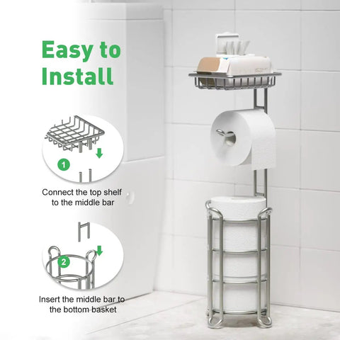 Free Standing Toilet Paper Holder With Extra Top Shelf For Phone And Wipes, Mega Roll Capacity, Durable Steel Silver Finish in bathroom