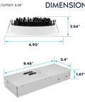 Dimensions of Six Inch Square Led Recessed Lights 12 Pack Canless Downlights showing size and cutout measurements.