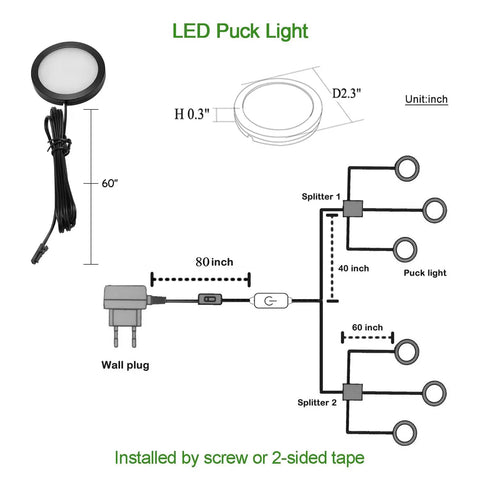 Diagram of Under Cabinet LED Puck Lighting Kit With Black Cover And Touch Dimmer Switch, showing dimensions and wiring layout.
