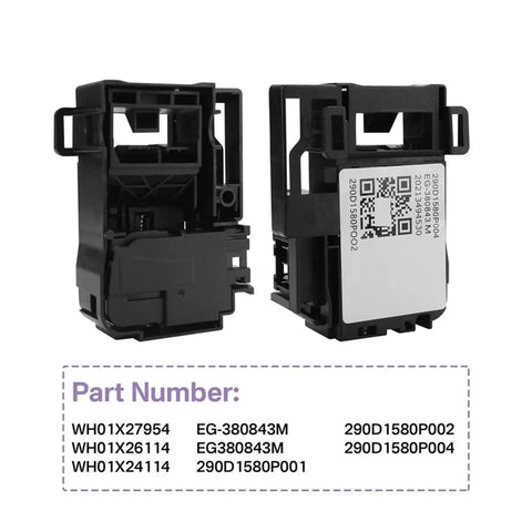 2X Washing Machine Door Lock Switch Assembly For Front Load And Top Load Machines, Includes WH01X27954 290D1580P004, Compatible With Most Major Brands, Safe Lock During Wash And Auto Unlock After Drain, Super Easy Install Replacement Part. Two black washer door lock switches shown front and side