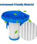2 Premium Washable Filter Replacement For Stick Vac VSJ01 Reusable Water Cleanable Filters showing blue and white design with eco-friendly text