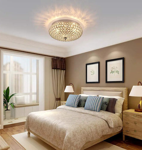 Crystal Flush Mount Ceiling Light Fixture With Sparkling Crystals, modern chandelier in bedroom, chrome finish, warm glow